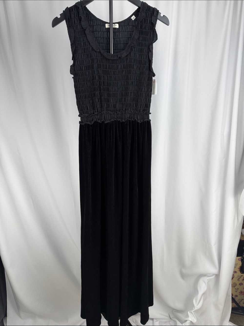 Max Studio London Black Smocked Velvet Maxi Dress XS NWT